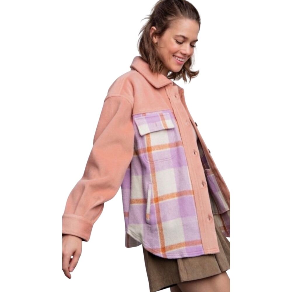 Easel Los Angeles Oversized Plaid Shacket, Pink Lavender, Women's Large